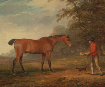 Een Bruin Paard Benaderd door een Staljongen met Voedsel en een Halster door George Garrard