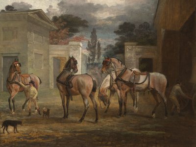 Vier roan koetspaarden met twee stalknechten door George Garrard