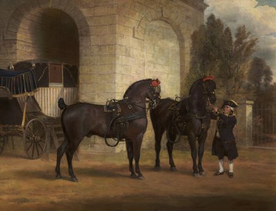 Twee zwarte koetspaarden met een koetsier door George Garrard