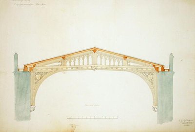 New College Oxford: Ontwerp voor nieuwe dak van de hal door George Gilbert Scott