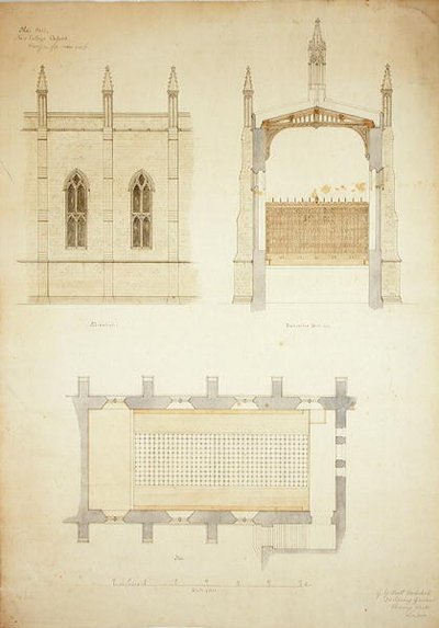 New College Oxford: Ontwerp voor het dak van de nieuwe hal door George Gilbert Scott