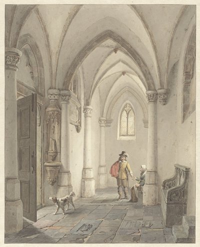 Kerkinterieur met man die bedelaarster een aalmoes geeft door George Gillis Haanen