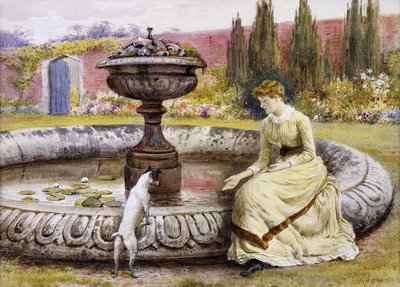 Een dame en een hond naast een sierlijke vijver door George Goodwin Kilburne