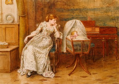 Een Interieur met een Moeder en Kind door George Goodwin Kilburne