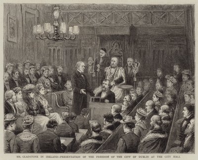 Mr. Gladstone in Ierland, presentatie van de vrijheid van de stad Dublin in het stadhuis door George Goodwin Kilburne