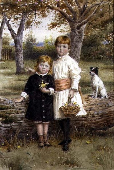 Twee Zussen met een Mand Bloemen door George Goodwin Kilburne