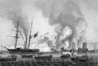 De vernietiging van de Chinese oorlogsjunk in Ansons Bay, 7 januari 1841 ca. 1857 door George Greatbatch