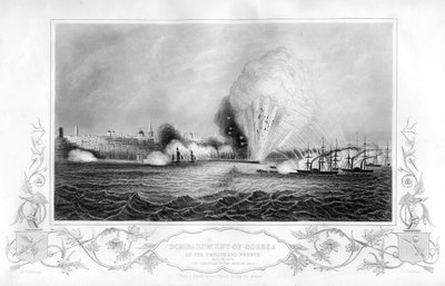 De explosie van de keizerlijke pier tijdens het bombardement van Odessa, Oekraïne, 1854-1857 door George Greatbatch