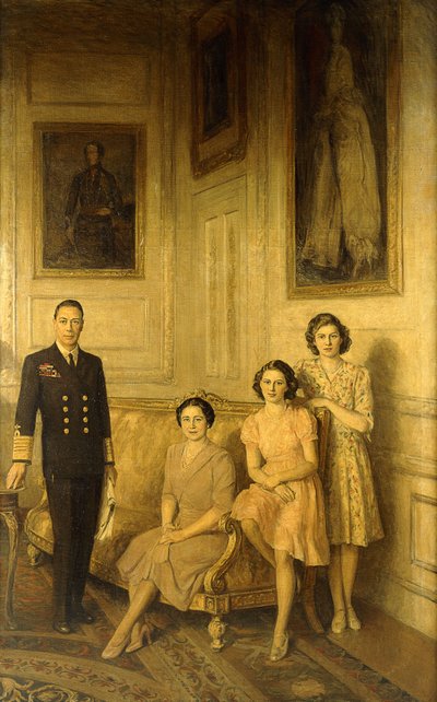 De koninklijke familie: koning George VI, koningin Elizabeth en hun twee dochters, prinses Margaret en prinses Elizabeth door George Harcourt