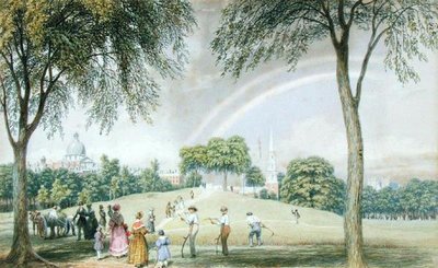 Middagregenboog - Boston Common vanaf Charles Street Mall, Boston, Massachusetts, c.1830-40 door George Harvey