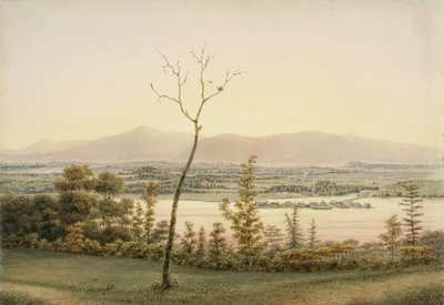 Vroege schemering, Kaatskill Catskill Landing en bergen vanaf de oostelijke oever van de Hudson, New York door George Harvey