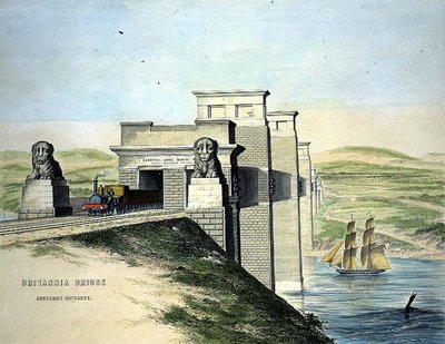 Britannia Brug, Anglesey Ingang, gegraveerd door de kunstenaar, uitgegeven 1849 door George Hawkins