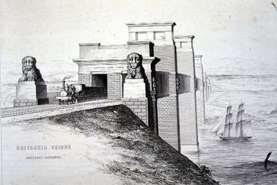Britannia Bridge, Anglesey Entrance, gegraveerd door de kunstenaar, uitgegeven 1849 door George Hawkins