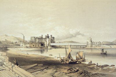 Conway Bridge, constructie van de tweede buis, september 1848, gegraveerd door de kunstenaar door George Hawkins