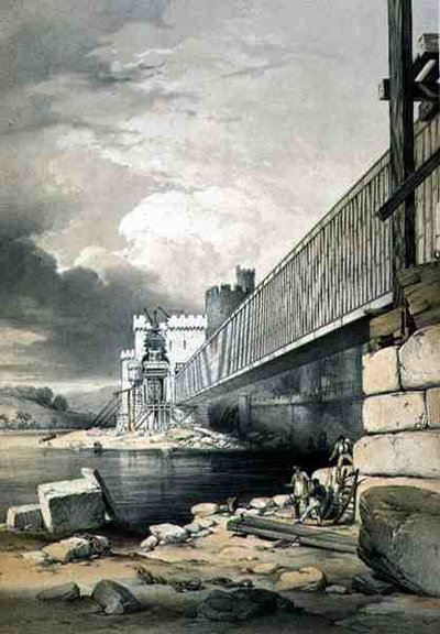 Conway Tubular Bridge, met de voorbereidingen voor het hijsen van de tweede buis, gepubliceerd in 1849 door George Hawkins