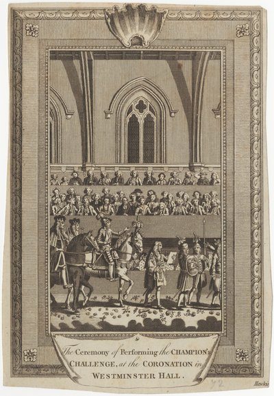 De ceremonie van het uitvoeren van de uitdaging van de kampioen bij de kroning in Westminster Hall door George Hawkins