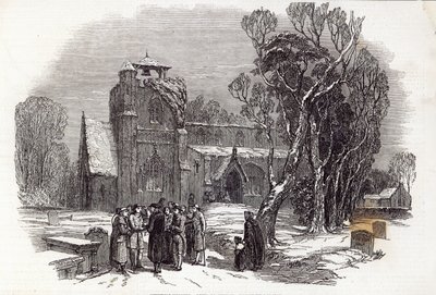Kerstmorgen: Naar de kerk gaan, gegraveerd door W.J. Linton, uit 