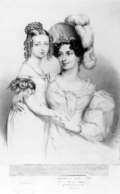 Koningin Victoria en haar moeder Prinses Victoria, Hertogin van Kent en Strathearn, gegraveerd door Richard James Lane, 1834 door George Hayter