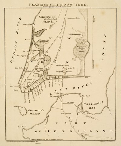 Plan van de stad New York met de gemaakte en moeraslanden, 1856 door George Hayward