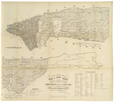 Deze kaart van de Stad New York en het Eiland Manhattan zoals uitgezet door de Commissarissen aangesteld door de Wetgevende Macht, 1853 door George Hayward