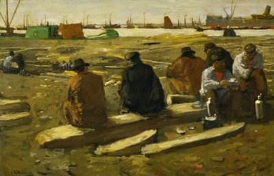 Lunchpauze op de bouwplaats aan de Van Diemenstraat in Amsterdam door George Hendrik Breitner