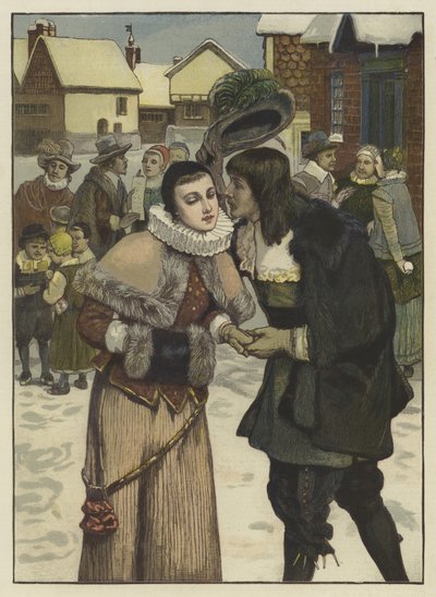 Nieuwjaarsdag in oud New York (gekleurde gravure) door George Henry (after) Boughton