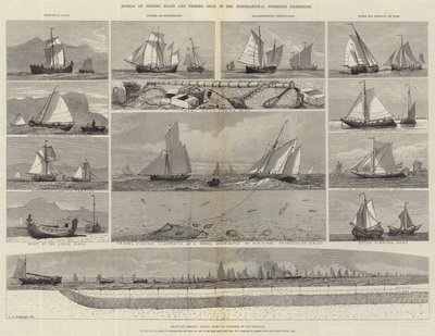 Modellen van vissersboten en visgerei in de Internationale Visserij Tentoonstelling door George Henry Andrews