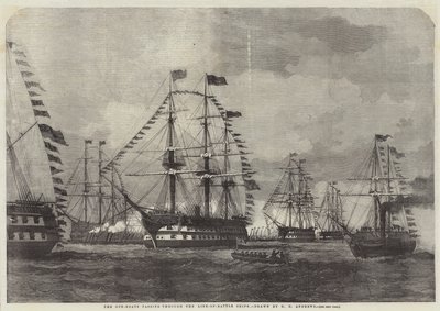 De kanonneerboten die door de linies van slagschepen varen door George Henry Andrews