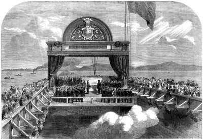 De Prins van Wales legt de laatste steen van de Victoria-brug over de St. Lawrence rivier, 1860 door George Henry Andrews