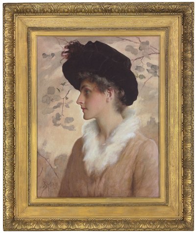Portret van een dame, halve lengte, met een zwarte hoed en bontstola, 1888 door George Henry Boughton