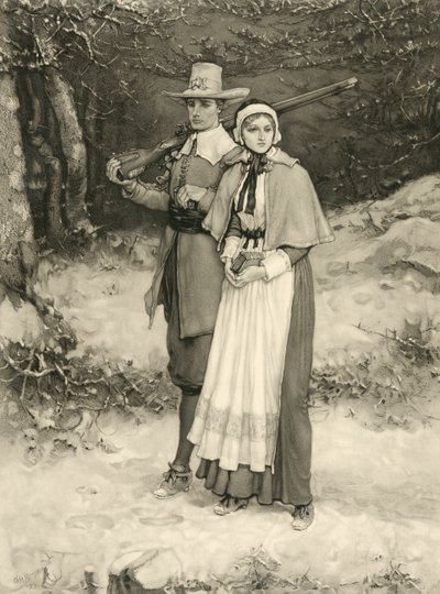 Puriteins echtpaar op weg naar de zondagse eredienst, gegraveerd door Thomas Gold Appleton, 1885 door George Henry Boughton