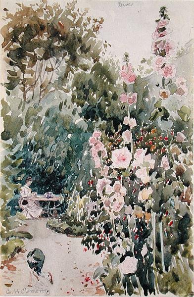Thee in de stokroos tuin, Dives, c.1890 door George Henry Clements