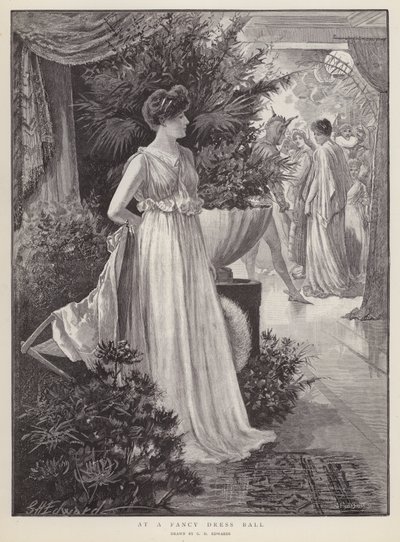 Op een gemaskerd bal (litho) door George Henry Edwards