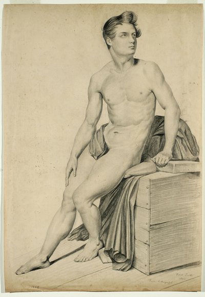 Zonder titel - Mannelijk naakt gekopieerd van een lithografie, 1842 (grafiet op buff papier) door George Henry Hall
