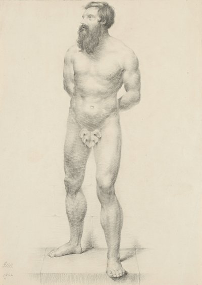 Zonder titel - Staand mannelijk naakt met vijgenblad, 1844 (grafiet op buff papier) door George Henry Hall