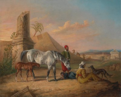 Grijze Arabische Merrie en Veulen, met een Familie door George Henry Laporte