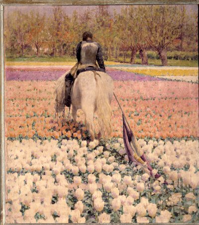 Verslagen: Een ruiter steekt na de nederlaag een tulpenveld over door George Hitchcock