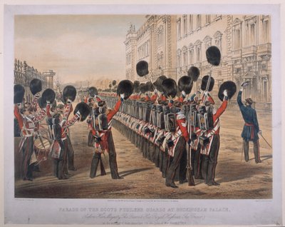 Parade van de Scots Fusilier Guards bij Buckingham Palace op de ochtend van hun vertrek naar het oorlogsgebied, 2 maart 1854, gegraveerd door E. Walker, uitgegeven door Colnaghi und Co., 1854 door George Housman Thomas