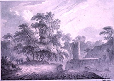 Een landweg met reizigers naast een toren, gebouwd op een rotsklif, bij Marino, nabij het Meer van Albano door George Howland Beaumont