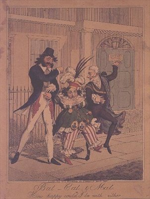 Vleermuis, kat en mat, of hoe gelukkig zou ik kunnen zijn met beide - satirische gravure uitgegeven door G. Humphrey door George Humphrey