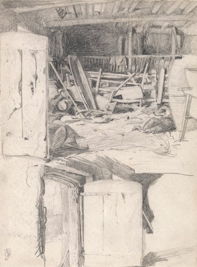 Studie voor "De Gans", 1867: Interieur van een Schuur door George John Pinwell