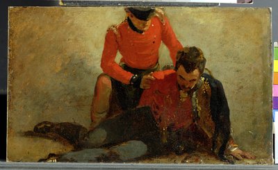 Een Hooglander, Black Watch die een generaal van de Huzaren bijstaat, mogelijk Lord Uxbridge: een studie voor 