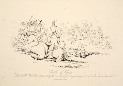 Slag bij Ligny: Maarschalk Blücher beduusd door de val lag verstrikt onder zijn paard, gepubliceerd door J. Booth, 1816 door George Jones