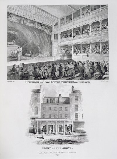 Interieur van het Little Theatre, Haymarket in Londen en de voorkant van het bovengenoemde, gegraveerd door James Stow, 1815 door George Jones