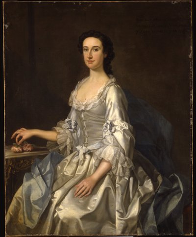 Mary, vrouw van Henry, 7e Lord Arundell van Wardour, in een grijze satijnen jurk, met rozen bij een tafel door George Knapton
