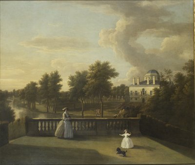 Uitzicht op Chiswick Villa vanaf een balkon boven de Cascade met het meer door George Lambert