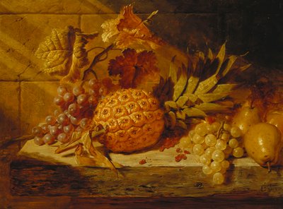 Zwarte en witte druiven, peren, rode bessen en een ananas op een richel, 1845 door George Lance
