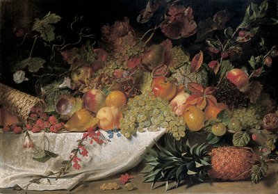 Fruit en bloemen op een stenen richel, 1829 door George Lance