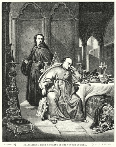 Melanchthons eerste twijfel aan de kerk van Rome (gravure) door George Lance
