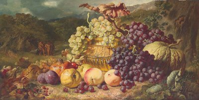 Stilleven met fruit in een landschap, een jachtpartij op de achtergrond, 1859 door George Lance